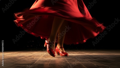 Flamenco dancer red dress swirling motion blur, traditional spanish dance culture, passion energy performance, artistic movement, andalusia folklore rhythm.