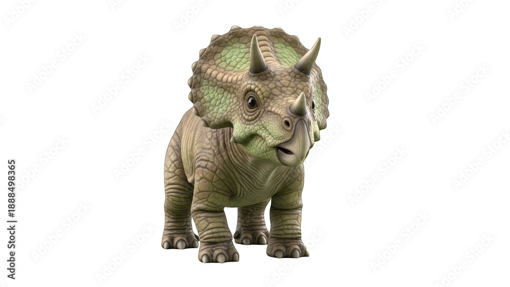 Fototapeta premium A green and brown toy triceratops dinosaur standing on a transparent background.