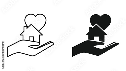Caring hand holding house with heart symbol