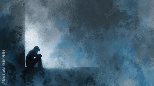 Melancholy: A solitary figure, cloaked in shadows, contemplates the vastness, enveloped by an ethereal ambiance, their form a poignant emblem of introspection and vulnerability.