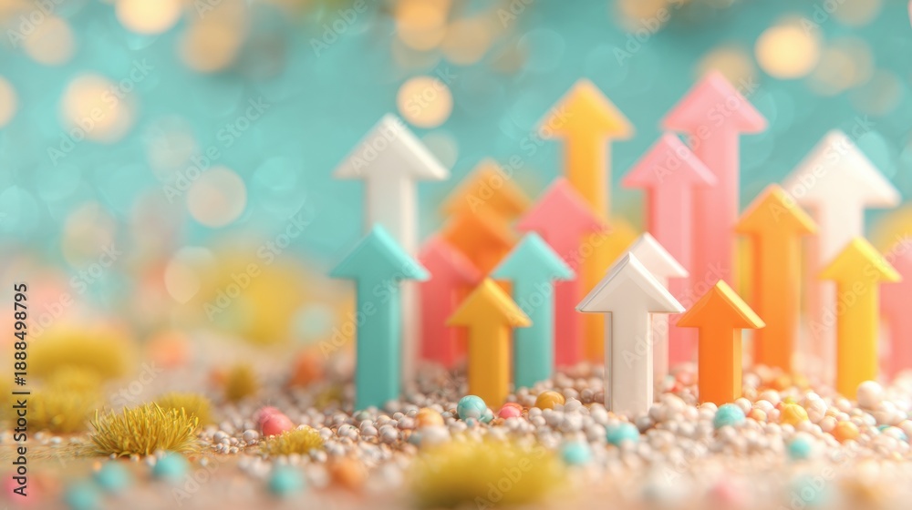 Fototapeta premium Colorful arrows rise up from a surface of beads and grass in a bright setting