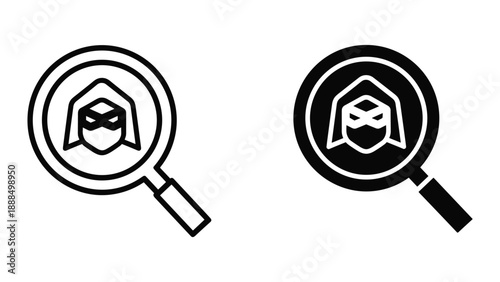Magnifying glass icon with masked face inside