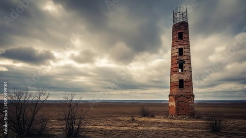 Old brick tower stands alone in a field under a dramatic sky.