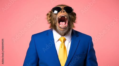 Monkey in a Blue Business Suit and Sunglasses Screams with an Open Mouth Against a Pink Background
