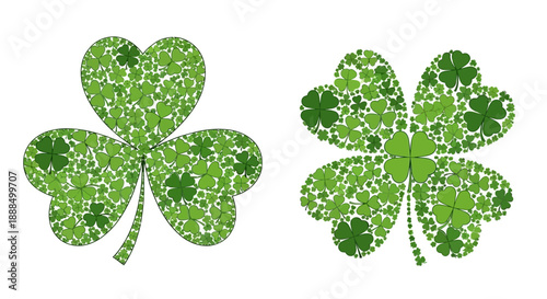 Two green shamrock and clover leaf designs made of smaller green leaves on a white background.