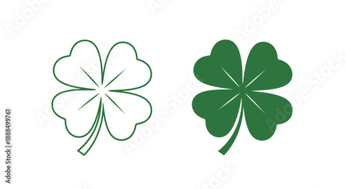 Two green four-leaf clovers, one outlined and one filled, symbolizing luck and nature.