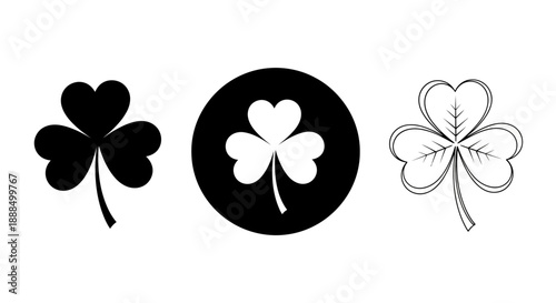 Three stylized shamrock clover icons in black and white, representing luck and Irish culture.
