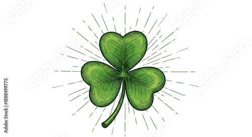 A vibrant green shamrock with radiating lines, symbolizing luck and Irish heritage.
