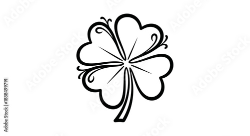 A stylized black and white illustration of a four-leaf clover with decorative swirls.