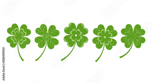 A row of five green four-leaf clovers, symbolizing luck and good fortune, isolated on a white background.