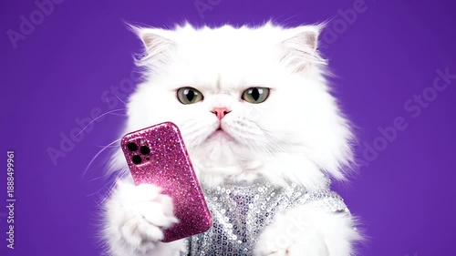 White Persian Cat Holds Sparkling Pink Phone and Winks Against Purple Background