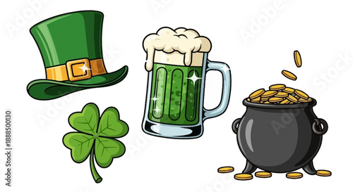 A collection of St. Patrick's Day symbols including a green hat, a mug of green beer, a four-leaf clover, and a pot of gold.