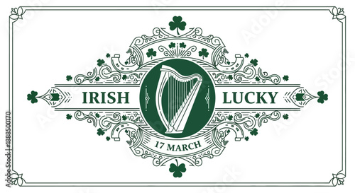 Elegant Irish Lucky design featuring a harp and shamrocks, celebrating March 17th.