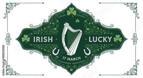 A decorative banner celebrating Irish luck with a harp, shamrocks, and horseshoes, dated March 17th.