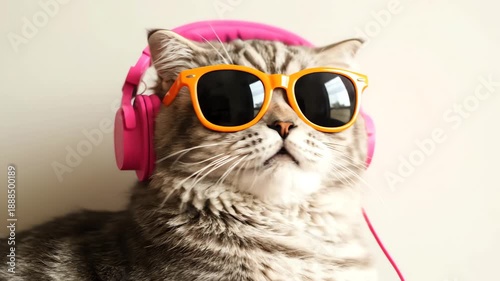 Tabby Cat Wearing Pink Headphones and Orange Sunglasses Looking Upwards