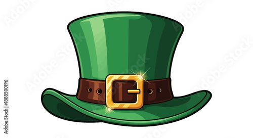 A vibrant green leprechaun hat with a brown band and a shiny gold buckle, perfect for St. Patrick's Day celebrations.