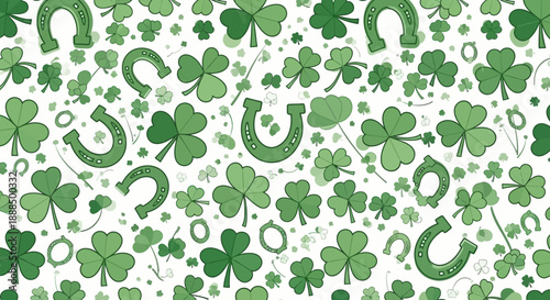 A festive St. Patrick's Day themed seamless pattern featuring green shamrocks and horseshoes on a white background.