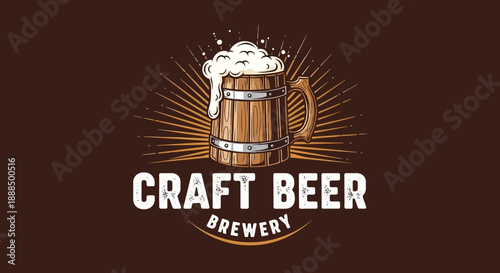 A rustic wooden mug overflowing with frothy craft beer, set against a dark brown background with sunburst rays.