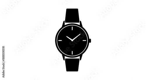 Black Silhouette of a Classic Wristwatch with Leather Strap.