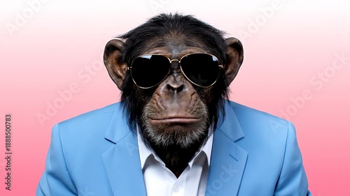 Chimpanzee in Sunglasses and Suit Opening Mouth and Closing Mouth on Studio Background