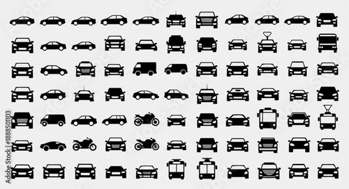 Collection of Various Car Silhouettes and Vehicle Icons.