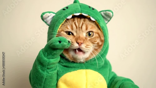 Domestic Cat Wearing Green Dinosaur Costume Blinking, Looking Around, and Opening Mouth