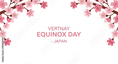Cherry blossoms frame vertnay equinox day text in japan on white background with pink flowers