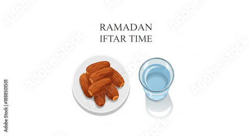 Ramadan iftar time dates on plate and glass of water islamic fasting food