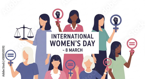 Diverse women holding equality symbols on international women's day march 8th celebrating female empowerment and gender parity with fists scales and protest signs