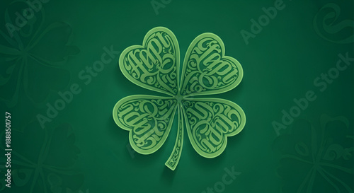 Decorative green clover typography artwork with elegant ornamental lettering forming lucky shamrock symbol inspired by Saint Patricks Day celebration design