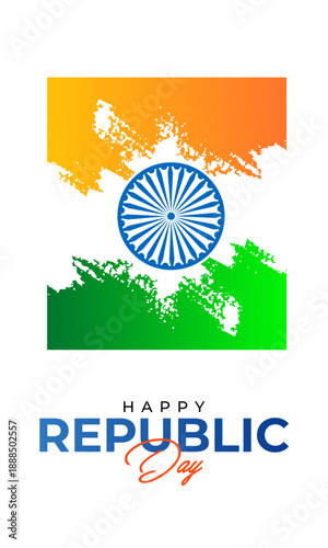 Happy Republic Day greeting with a stylized Indian flag featuring saffron and green grunge brushstrokes and the Ashoka Chakra.