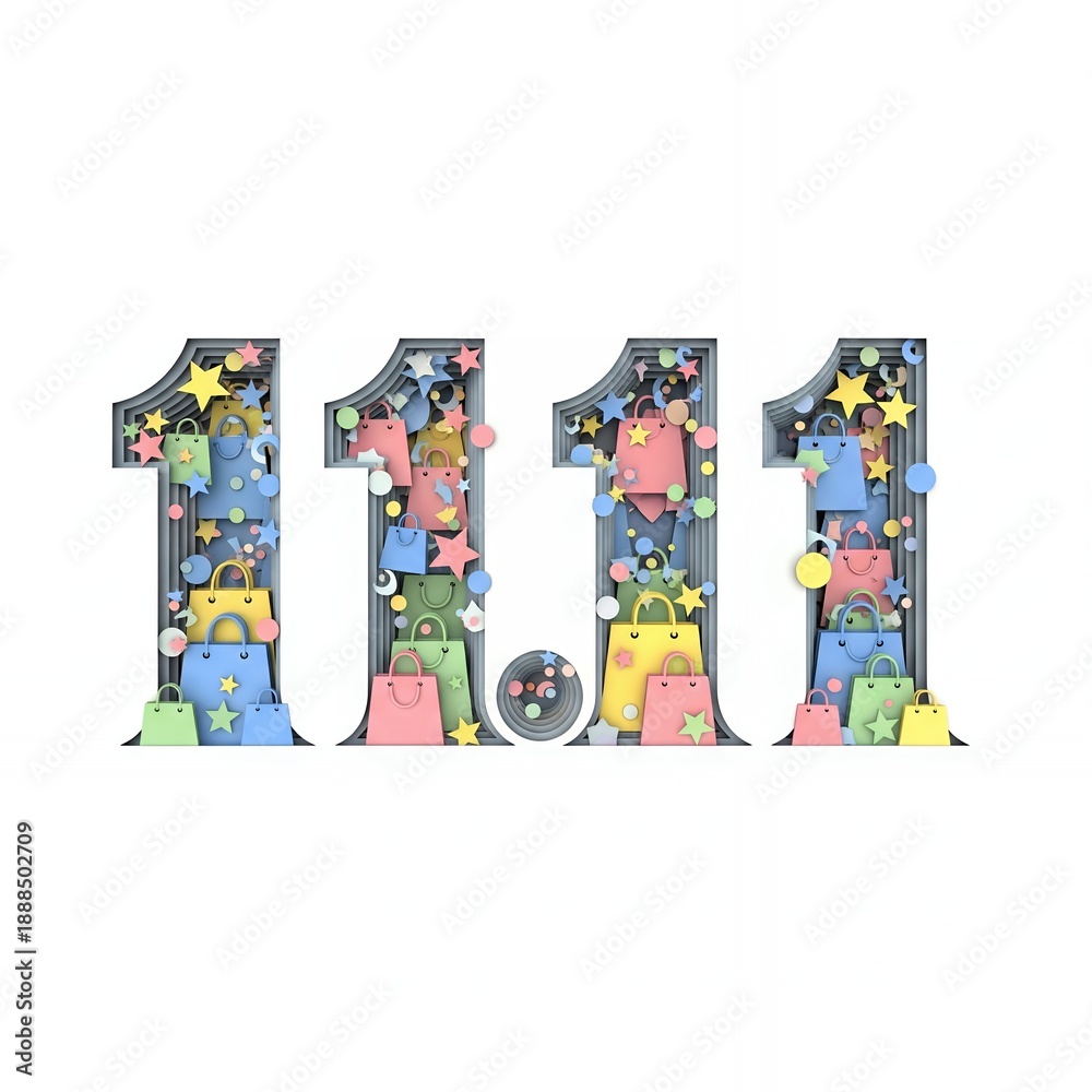 Obraz premium 11.11 Singles Day shopping festival typography featuring paper-cut style numbers filled with colorful shopping bags, stars, and circular confetti on a white background