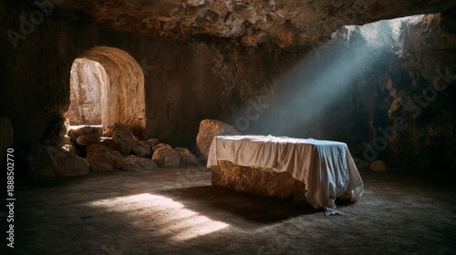 Empty Tomb with Cloth and Light Beam Inside a Cave, Religious Concept