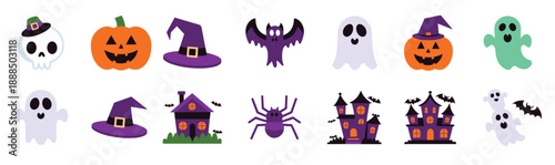 colorful halloween icons featuring pumpkins ghosts bats