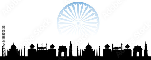 Black silhouette skyline of famous Indian landmarks with a blue gradient Ashoka Chakra wheel above.