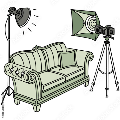 Couch in a photography studio with lights and camera.