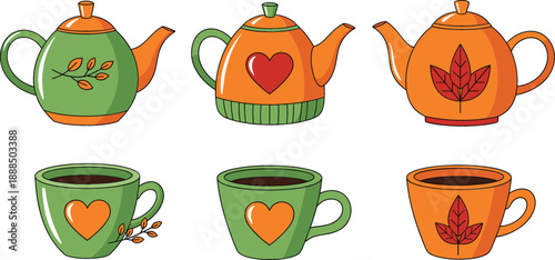 Collection of colorful decorative teapots and matching coffee cups with heart and autumn leaf patterns isolated on white background for kitchen cafe decor.