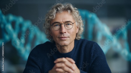 Mature man with DNA backdrop: Science leadership and innovation focus