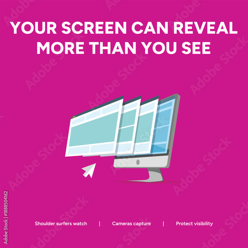 Privacy concept illustration of a computer monitor with multiple overlapping windows on a magenta background