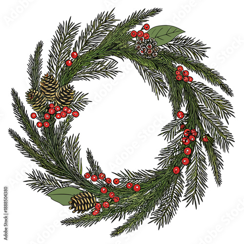 Festive Christmas Wreath with Berries and Pine Cones Illustration 1.