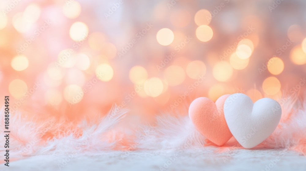 Fototapeta premium Hearts on a soft surface with blurred lights in the background