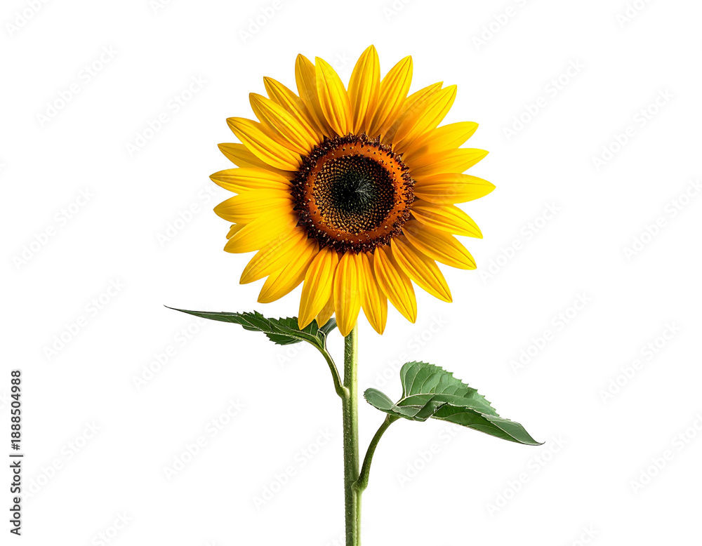 Obraz premium Single sunflower blooming, vibrant yellow petals, dark center, green stem, isolated on white background, studio photography, high definition, detailed texture, botanical beauty