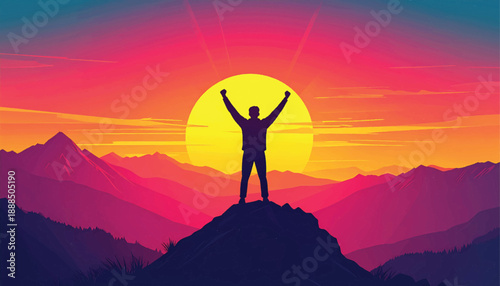 Triumphant silhouette celebrating achievement above mountain sunrise. Victorious human figure standing proudly against radiant dawn Success moment symbolized by raised arms atop peak horizon