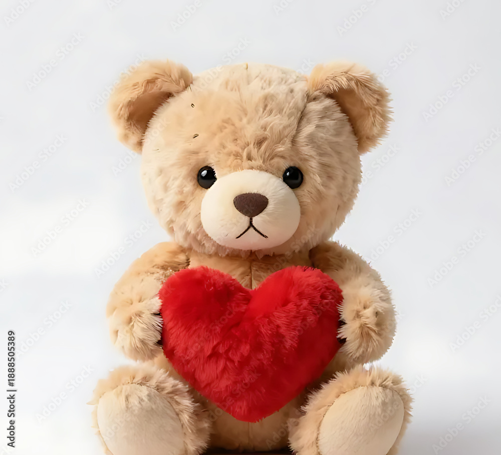 Fototapeta premium A small teddy bear holding a heart, cute emotional valentine object
