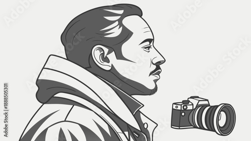 Monochrome Portrait of a Photographer with Camera.