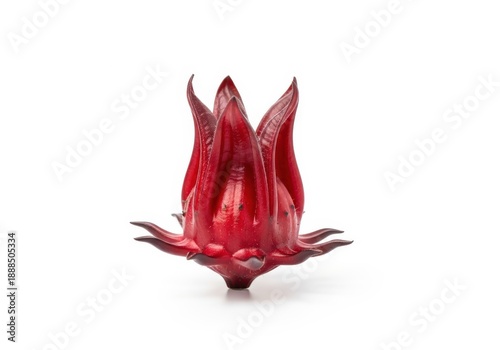 Single vibrant red roselle flower isolated on white background, closeup