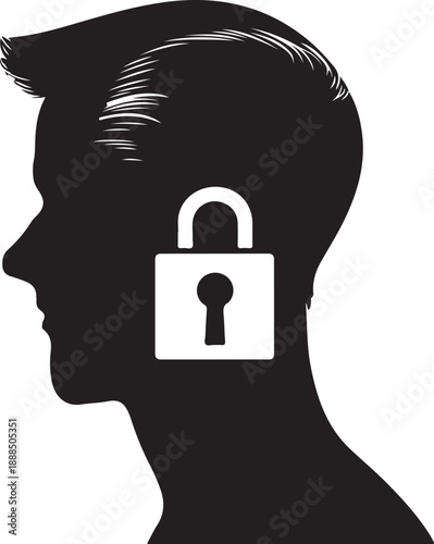 Male head profile silhouette with white padlock symbol indicating locked thoughts or closed mentality
