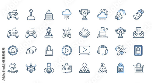 Set of various gaming icons and symbols in linear style for design