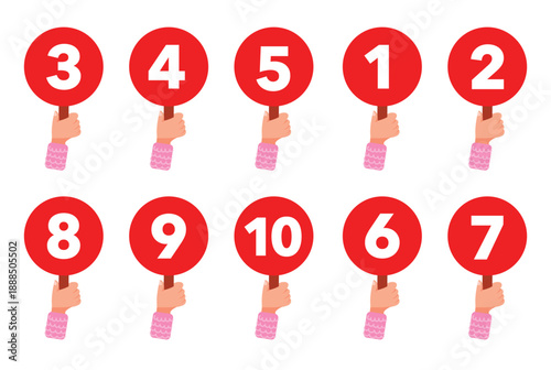  jury members hands holding score signs from one to ten