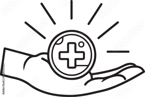 Minimalist line drawing of hand holding magnifying glass with medical cross inside representing health insurance diagnostic search